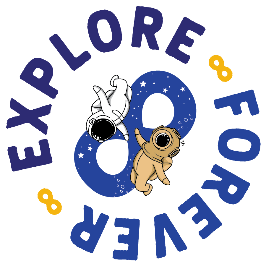 Explore Forever Books logo of an astronaut and scuba diver holding hands in front of the mathematical symbol for inifinity. 