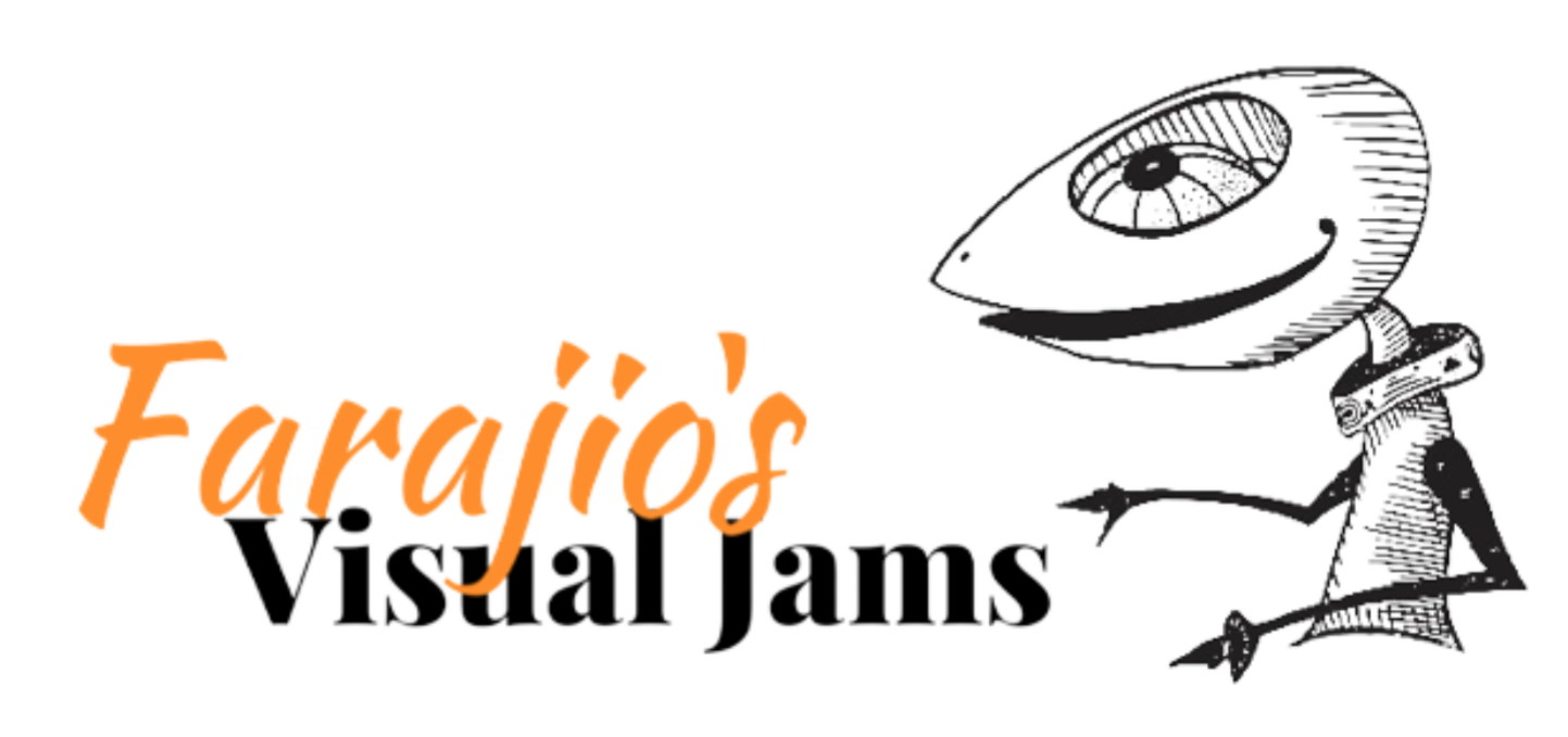 Farajios Visual Jams logo-title v02 transparent Farajio's Visual Jams logo with Groovin' Dude Jammin'